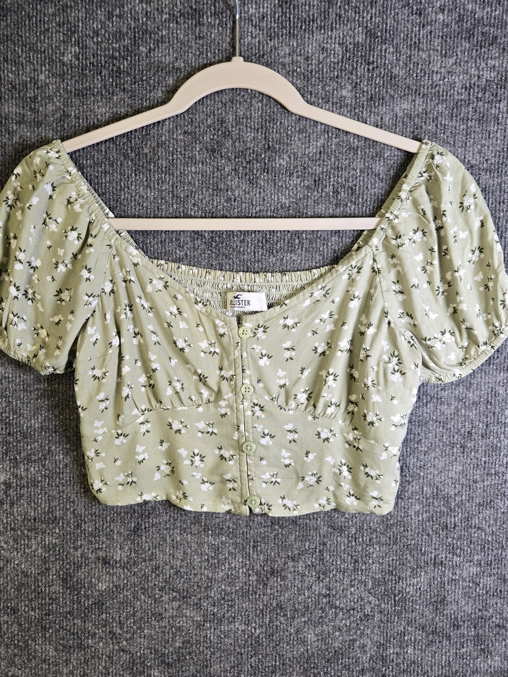 Hollister Top Women XS Green Wildflower Crop Puff Sleeve Milk Maid Ren Faire New